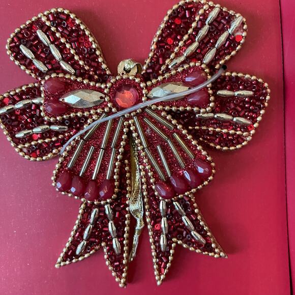 Sugarplum Dreams Beaded Bow Ornaments Set of 4 Holiday Red & Gold Glam New - Picture 7 of 13